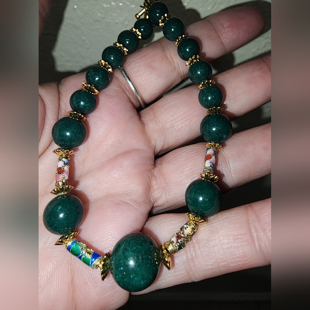 Nephrite and Cloisonne Goldtone Beaded Bracelet - Picture 5 of 11